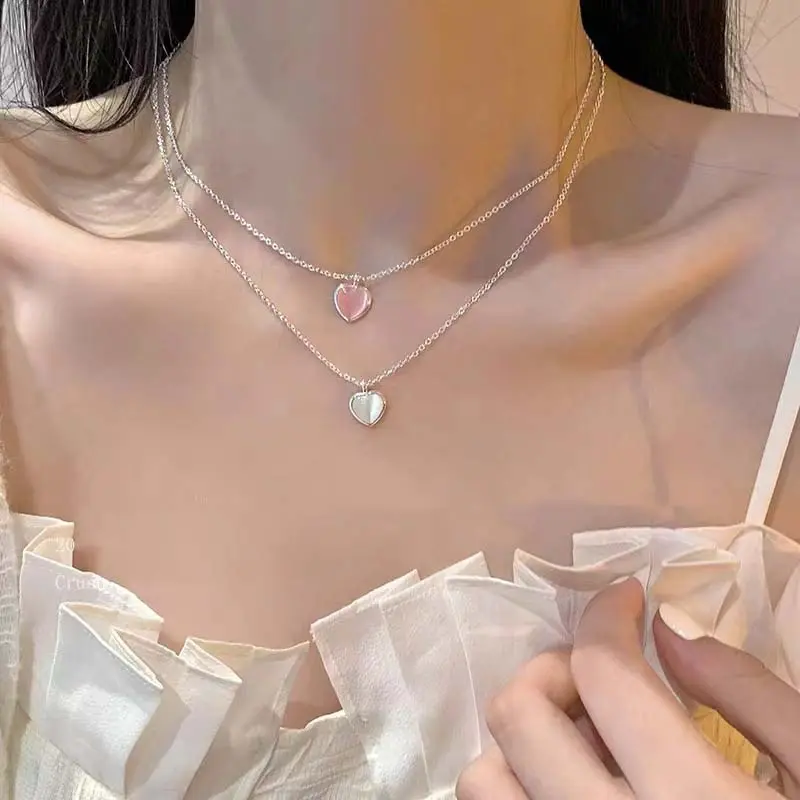 Korean Pink Opal Heart Pendant Necklace For Women Girls Simple Metal Heart-shaped Clavicle Chain Necklace Wedding Jewelry Gifts