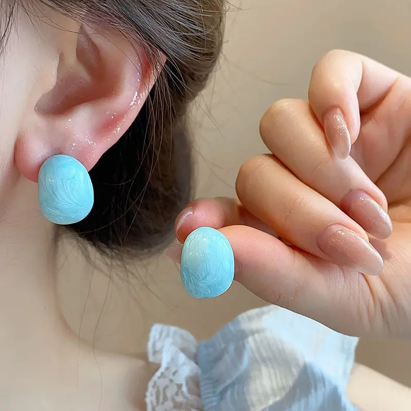 Elegant Blue Drip Oil Irregular Stud Earrings for Women Temperament Metal Geometric Circular Stud Earrings Fashion Date Jewelry