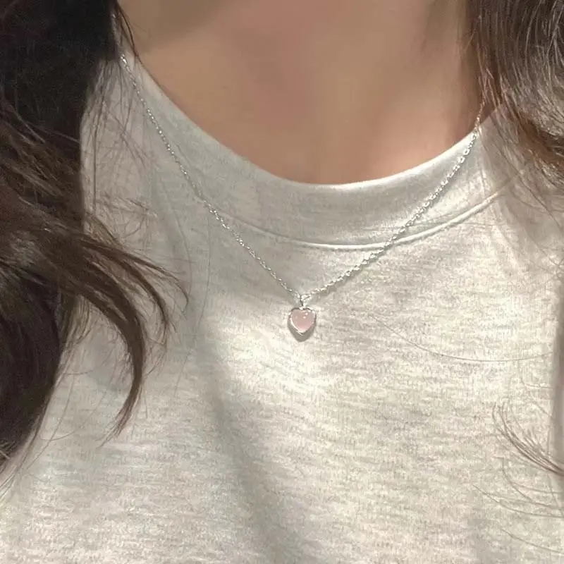 Korean Pink Opal Heart Pendant Necklace For Women Girls Simple Metal Heart-shaped Clavicle Chain Necklace Wedding Jewelry Gifts