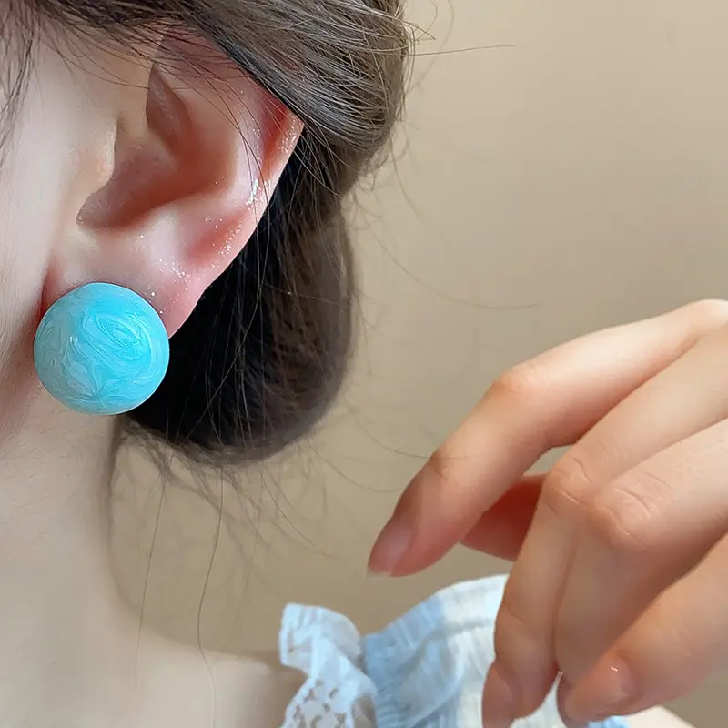 Elegant Blue Drip Oil Irregular Stud Earrings for Women Temperament Metal Geometric Circular Stud Earrings Fashion Date Jewelry
