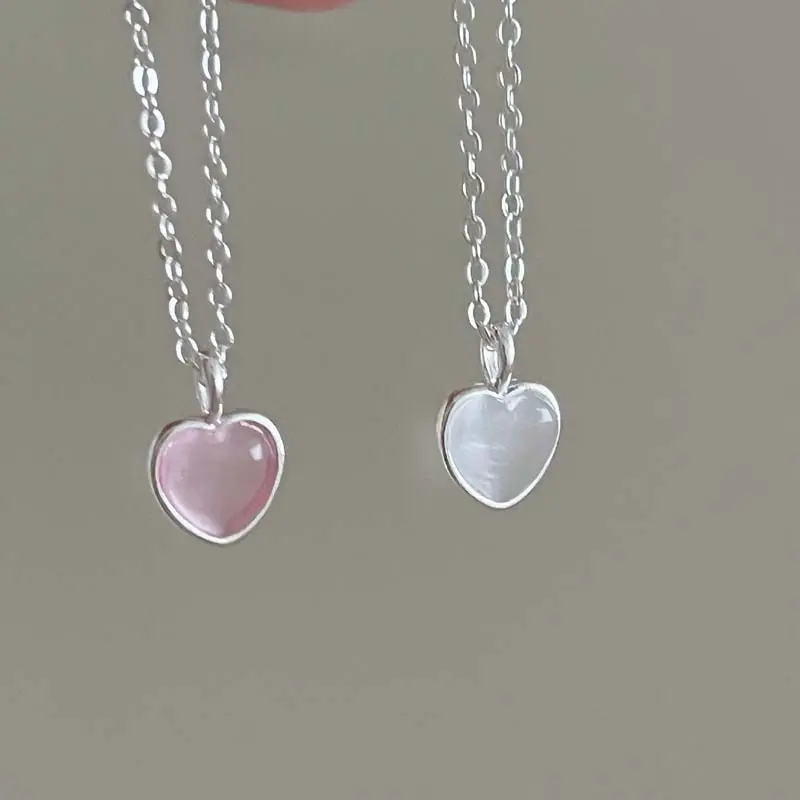 Korean Pink Opal Heart Pendant Necklace For Women Girls Simple Metal Heart-shaped Clavicle Chain Necklace Wedding Jewelry Gifts