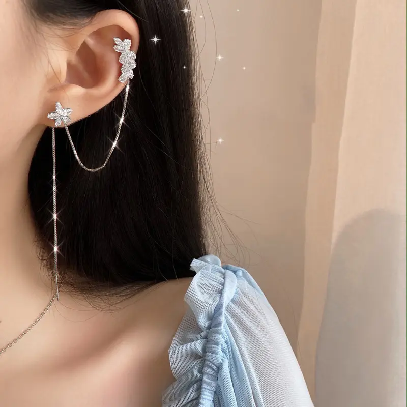 New Arrival Crystal Trendy Water Flower Tassel Earbone Clip Ins Earrings Long Line Pendientes Female Elegant Jewelry Girl Gifts
