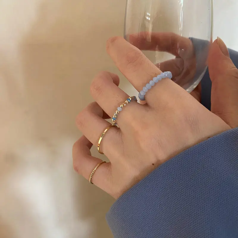 4Pcs Women's Ring Summer Crystal Beaded Vintage Rings Set New Korean Women Jewelry Temperament Accessories Sweet Aesthetic Gift