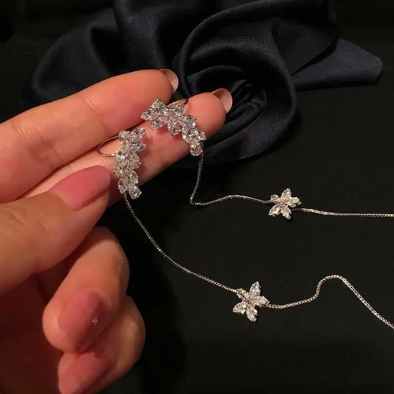 New Arrival Crystal Trendy Water Flower Tassel Earbone Clip Ins Earrings Long Line Pendientes Female Elegant Jewelry Girl Gifts