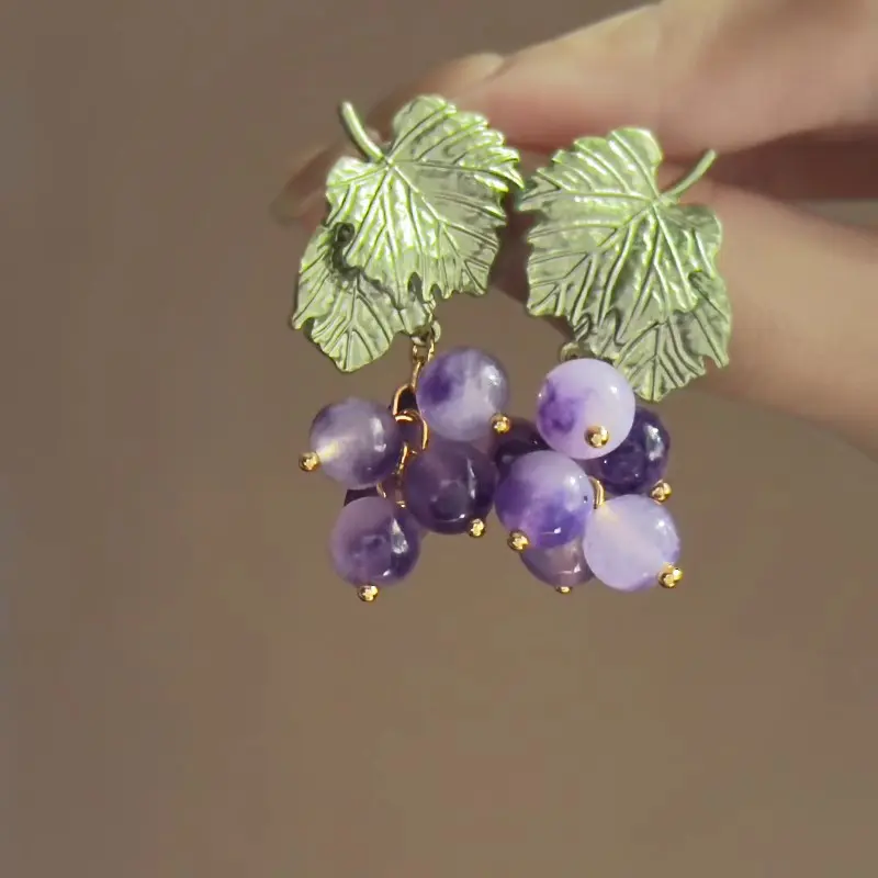 Elegant Purple Grape Crystal Bead Pendant Earrings for Women Minimalism Plant Stud Earrings Romantic Party Date Jewelry Gifts