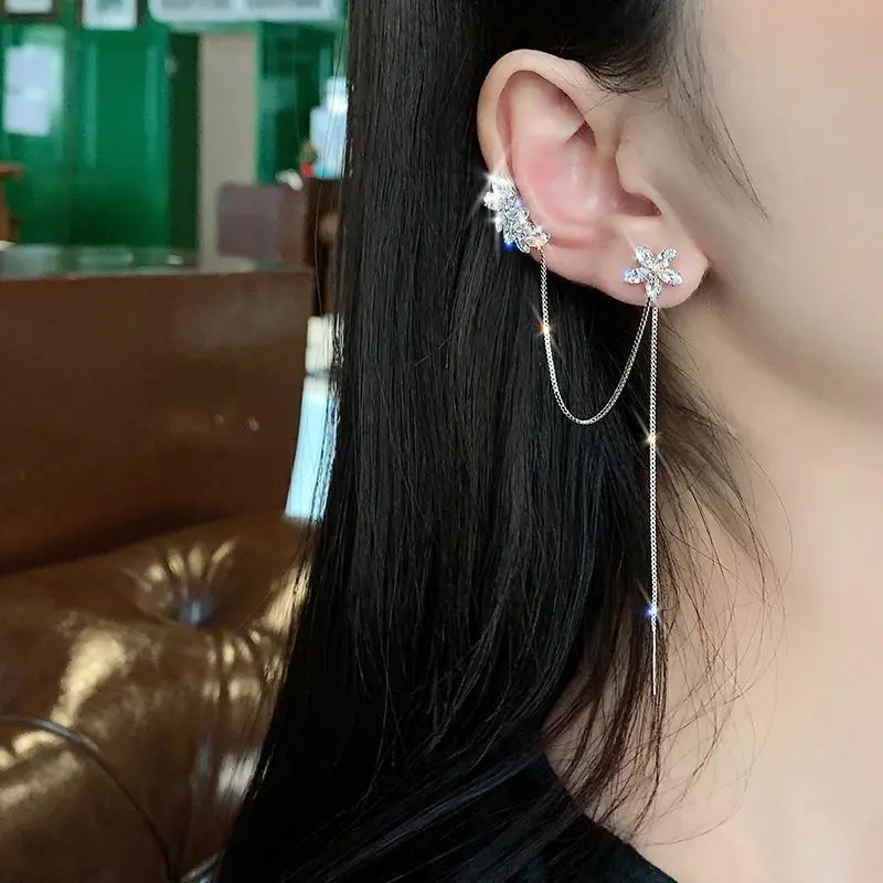 New Arrival Crystal Trendy Water Flower Tassel Earbone Clip Ins Earrings Long Line Pendientes Female Elegant Jewelry Girl Gifts