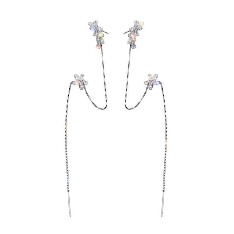 New Arrival Crystal Trendy Water Flower Tassel Earbone Clip Ins Earrings Long Line Pendientes Female Elegant Jewelry Girl Gifts