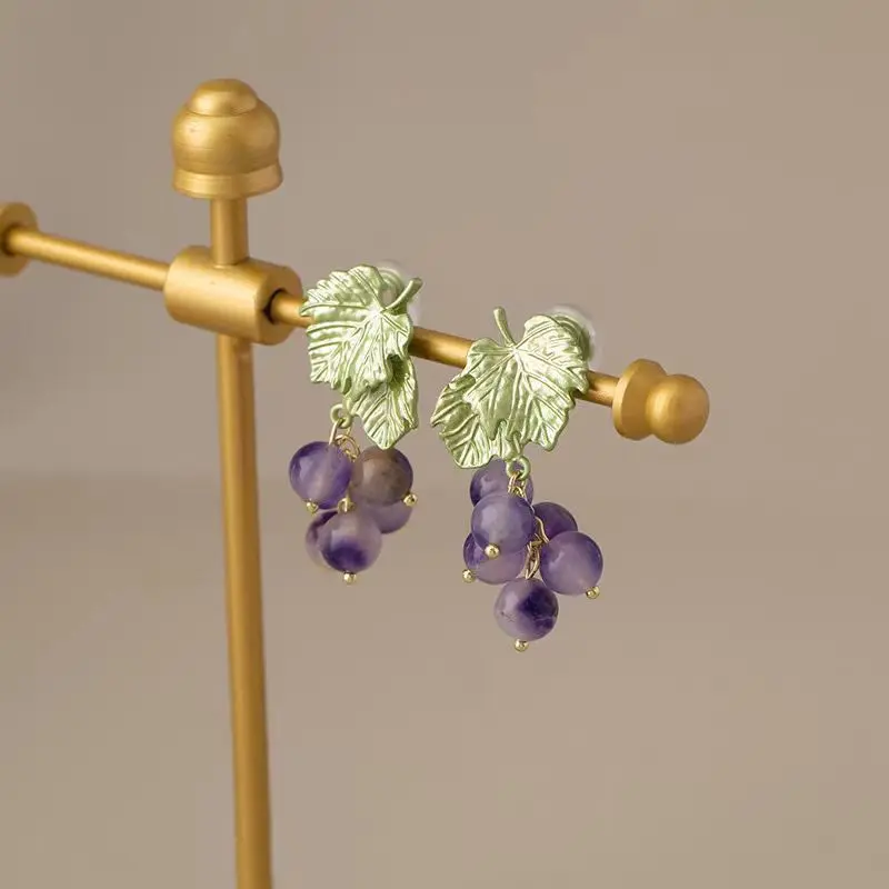 Elegant Purple Grape Crystal Bead Pendant Earrings for Women Minimalism Plant Stud Earrings Romantic Party Date Jewelry Gifts