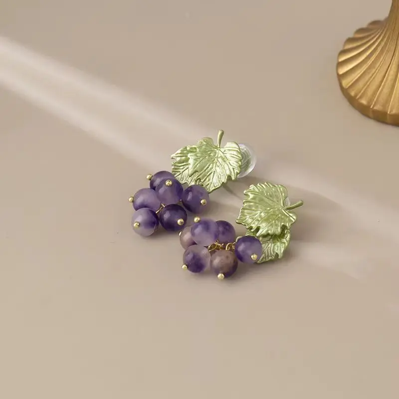 Elegant Purple Grape Crystal Bead Pendant Earrings for Women Minimalism Plant Stud Earrings Romantic Party Date Jewelry Gifts