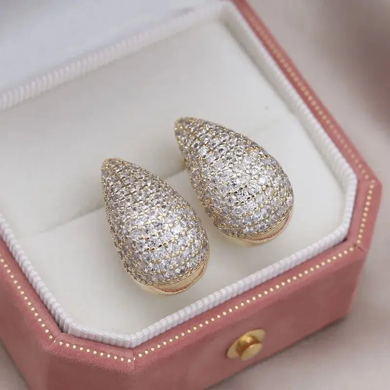 Luxury Shiny Zircon Big Water Drop Stud Earrings For Women Exquisite Gold Color Hollow Chunky Earrings Wedding Jewelry Gifts
