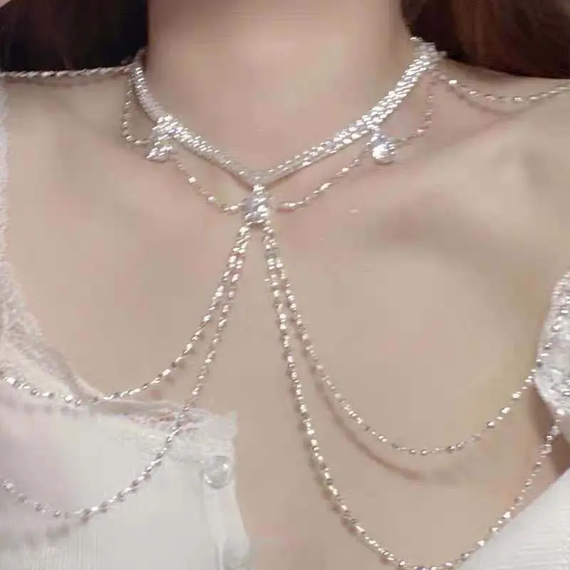 Luxury Rhinestone Shoulder Chain Necklace For Women Fashion Silver Color Tassel Multilayer Sexy Body Bikini Chest Chain Jewelry