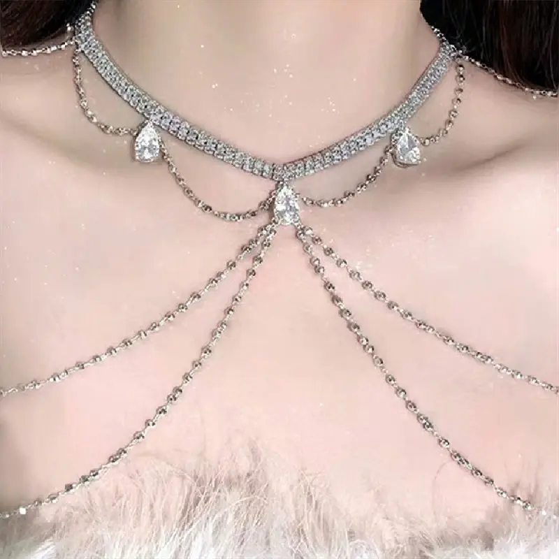 Luxury Rhinestone Shoulder Chain Necklace For Women Fashion Silver Color Tassel Multilayer Sexy Body Bikini Chest Chain Jewelry