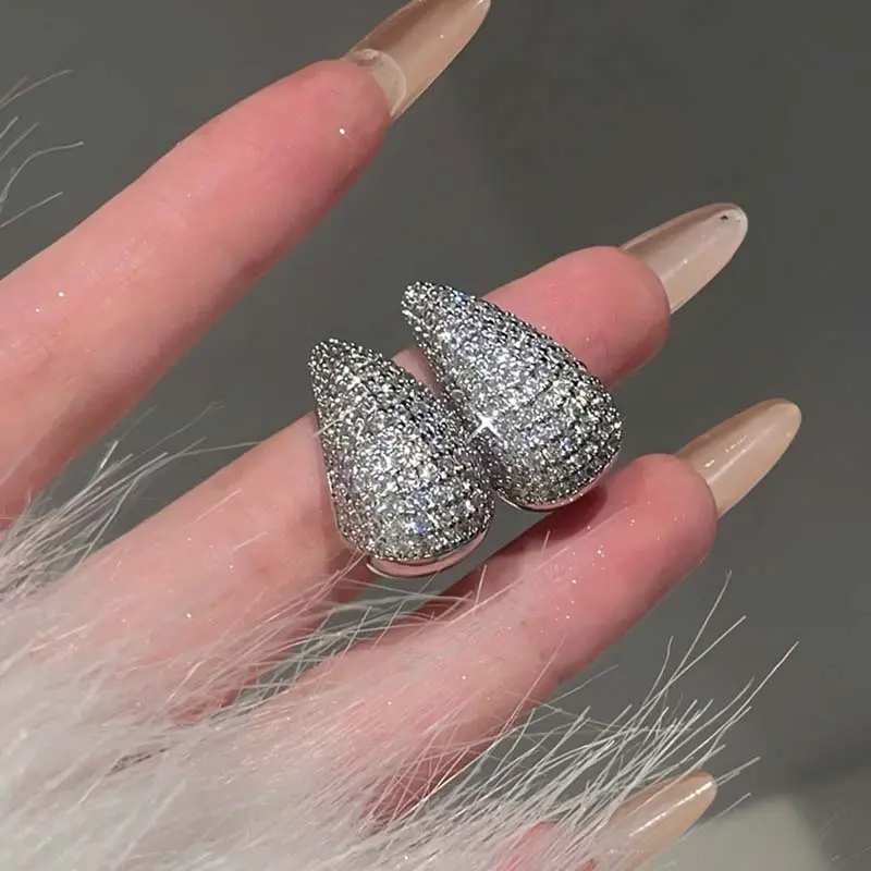 Luxury Shiny Zircon Big Water Drop Stud Earrings For Women Exquisite Gold Color Hollow Chunky Earrings Wedding Jewelry Gifts