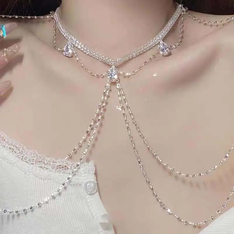 Luxury Rhinestone Shoulder Chain Necklace For Women Fashion Silver Color Tassel Multilayer Sexy Body Bikini Chest Chain Jewelry