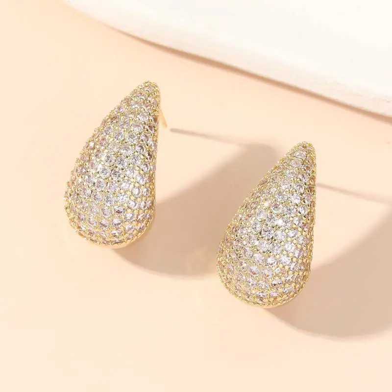 Luxury Shiny Zircon Big Water Drop Stud Earrings For Women Exquisite Gold Color Hollow Chunky Earrings Wedding Jewelry Gifts