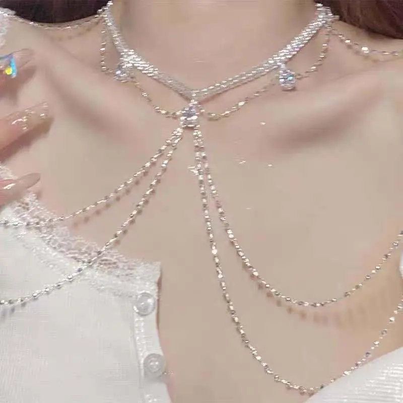 Luxury Rhinestone Shoulder Chain Necklace For Women Fashion Silver Color Tassel Multilayer Sexy Body Bikini Chest Chain Jewelry