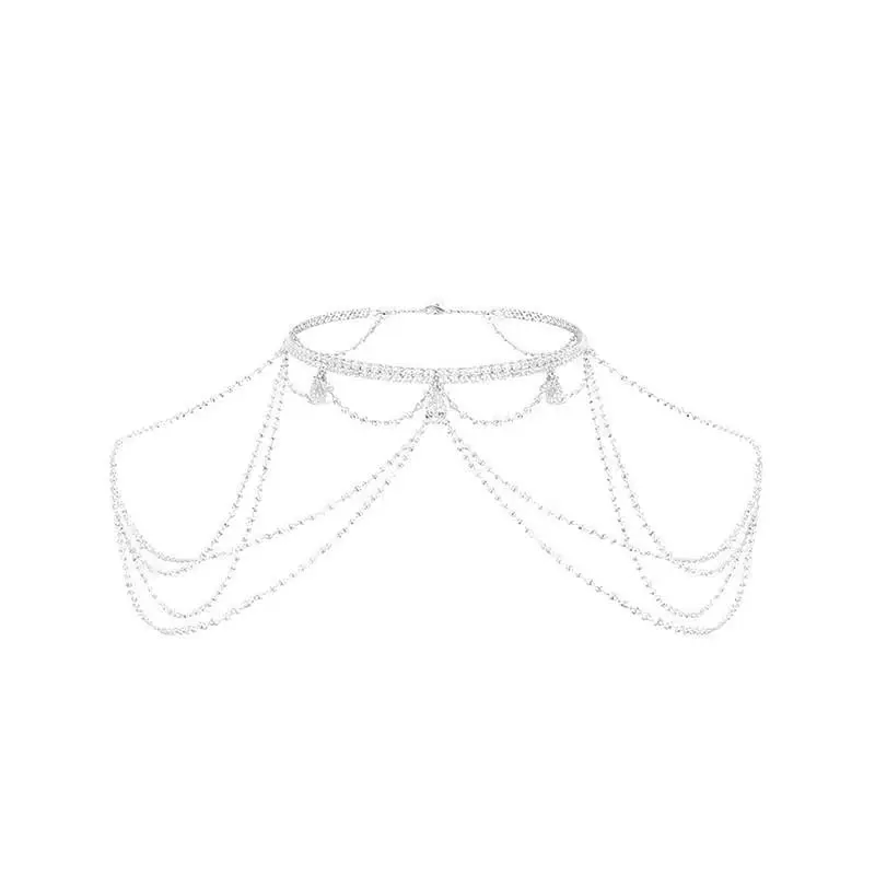 Luxury Rhinestone Shoulder Chain Necklace For Women Fashion Silver Color Tassel Multilayer Sexy Body Bikini Chest Chain Jewelry