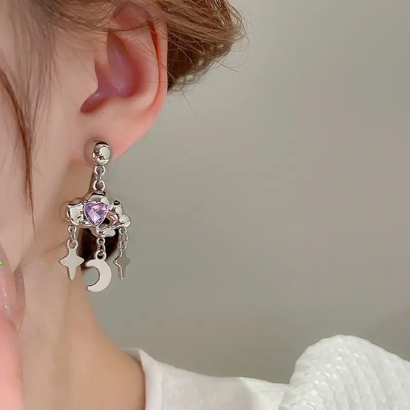 Fashion Purple Zircon Cloud Tassel Earrings For Women Fashion Creative Silver Color Star Moon Pendant Earrings Y2K Party Jewelry