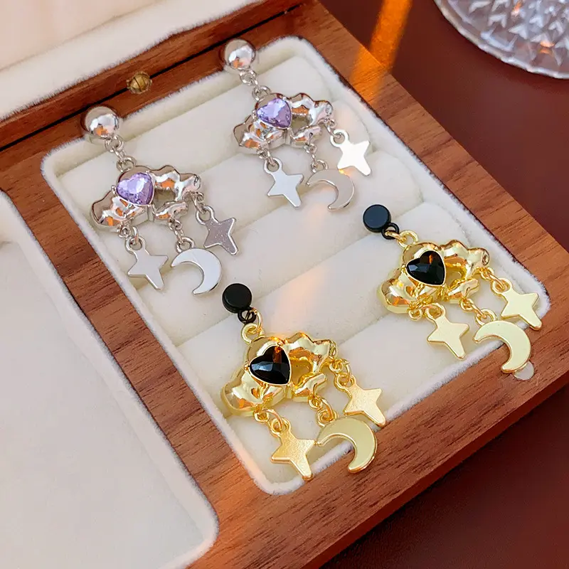 Fashion Purple Zircon Cloud Tassel Earrings For Women Fashion Creative Silver Color Star Moon Pendant Earrings Y2K Party Jewelry
