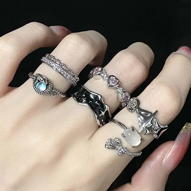 Punk Silver Color Irregular Stars Heart Rings for Men Women Fashion Metal Cross Star Open Adjustable Ring Y2k Jewelry Gift