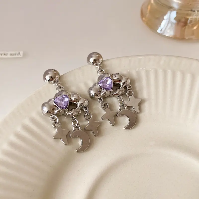 Fashion Purple Zircon Cloud Tassel Earrings For Women Fashion Creative Silver Color Star Moon Pendant Earrings Y2K Party Jewelry