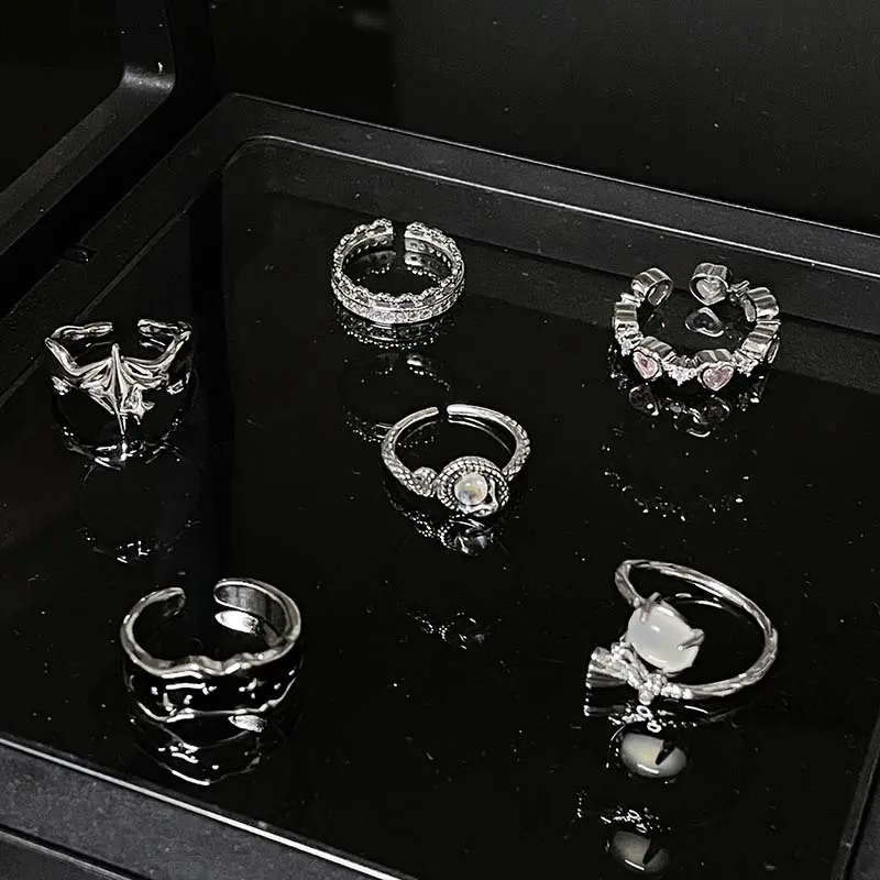 Punk Silver Color Irregular Stars Heart Rings for Men Women Fashion Metal Cross Star Open Adjustable Ring Y2k Jewelry Gift