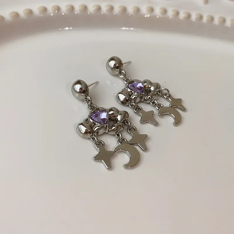 Fashion Purple Zircon Cloud Tassel Earrings For Women Fashion Creative Silver Color Star Moon Pendant Earrings Y2K Party Jewelry