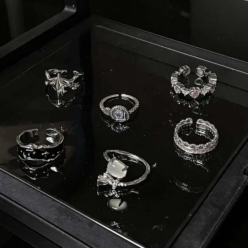 Punk Silver Color Irregular Stars Heart Rings for Men Women Fashion Metal Cross Star Open Adjustable Ring Y2k Jewelry Gift