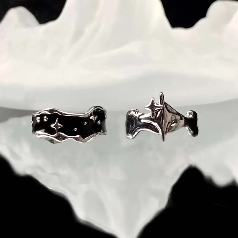 Punk Silver Color Irregular Stars Heart Rings for Men Women Fashion Metal Cross Star Open Adjustable Ring Y2k Jewelry Gift