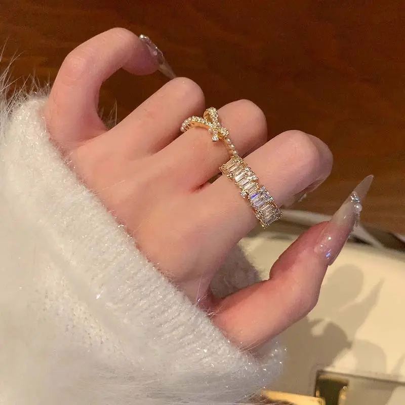 Luxury Shiny Cubic Zirconia Open Rings for Women Fashion Classic Gold Color Pearl Bow Adjustable Rings Wedding Party Jewelry