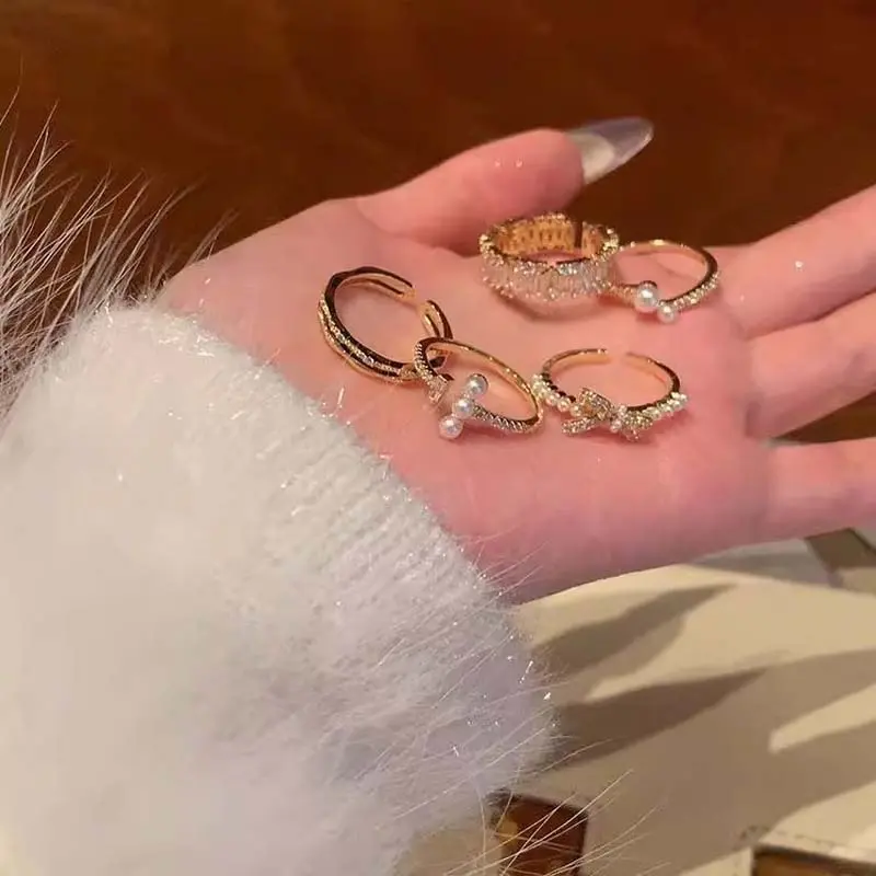 Luxury Shiny Cubic Zirconia Open Rings for Women Fashion Classic Gold Color Pearl Bow Adjustable Rings Wedding Party Jewelry