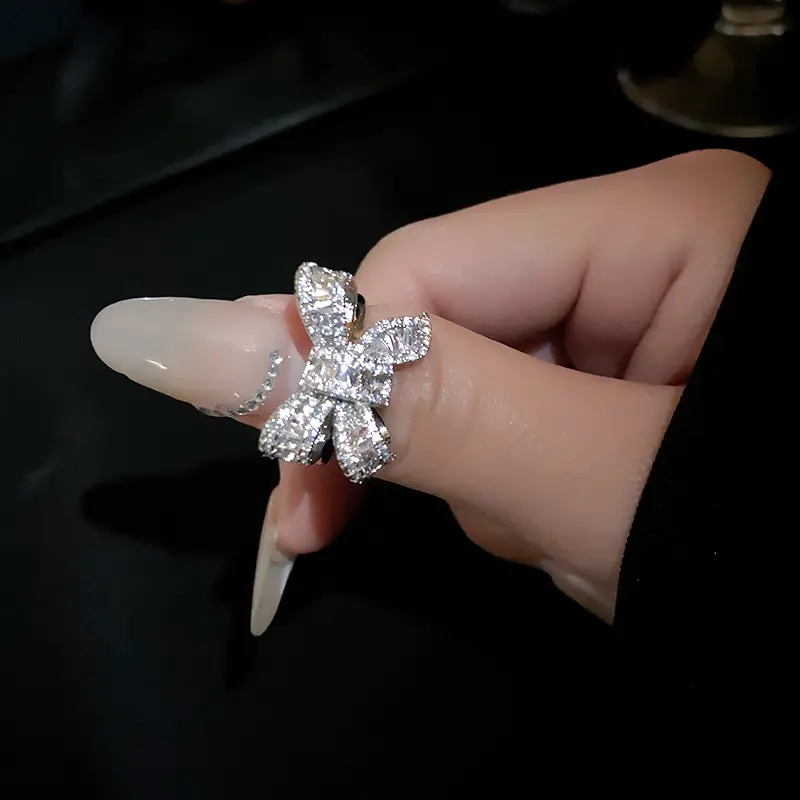 2025 New Fashion Silver Color Zircon Bowknot Open Ring For Women Luxury Shiny Full Rhinestone Adjustable Ring Wedding Jewelry