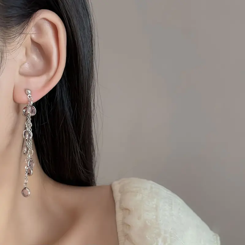 2025 New Blue Zircon Irregular Tassel Pendant Earrings for Women Temperament Long Round Bead Drop Earrings Fashion Party Jewelry