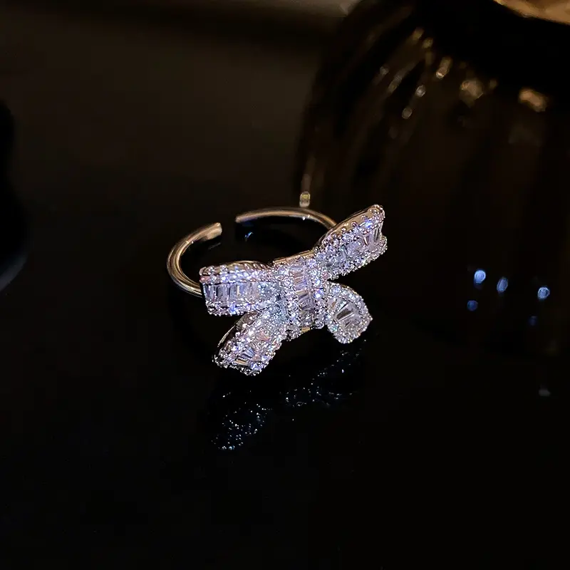 2025 New Fashion Silver Color Zircon Bowknot Open Ring For Women Luxury Shiny Full Rhinestone Adjustable Ring Wedding Jewelry