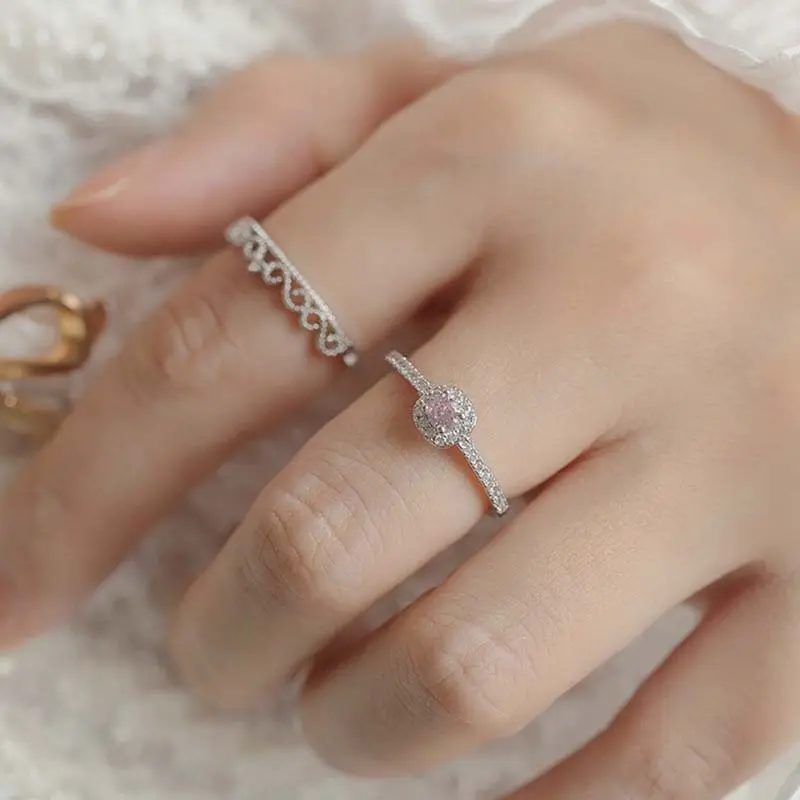 2025 New Fashion Pink Crystal Zircon Love Heart Open Ring for Women Shiny Rhinestone Adjustable Finger Rings Y2K Jewelry Gifts