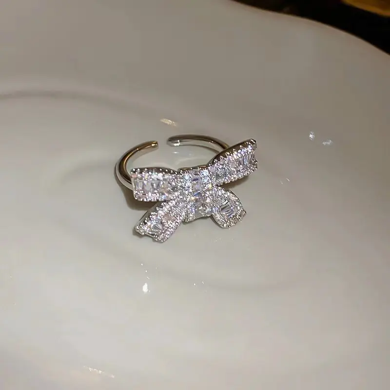 2025 New Fashion Silver Color Zircon Bowknot Open Ring For Women Luxury Shiny Full Rhinestone Adjustable Ring Wedding Jewelry