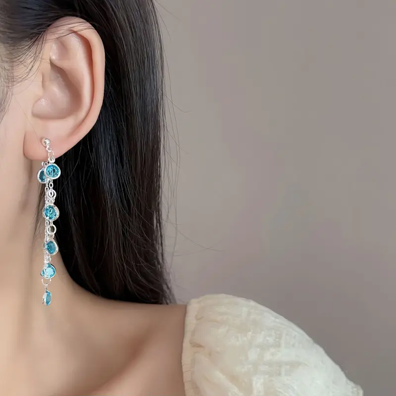 2025 New Blue Zircon Irregular Tassel Pendant Earrings for Women Temperament Long Round Bead Drop Earrings Fashion Party Jewelry