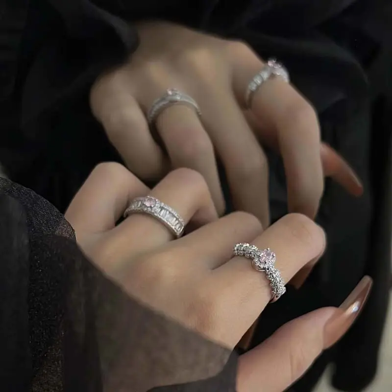 2025 New Fashion Pink Crystal Zircon Love Heart Open Ring for Women Shiny Rhinestone Adjustable Finger Rings Y2K Jewelry Gifts
