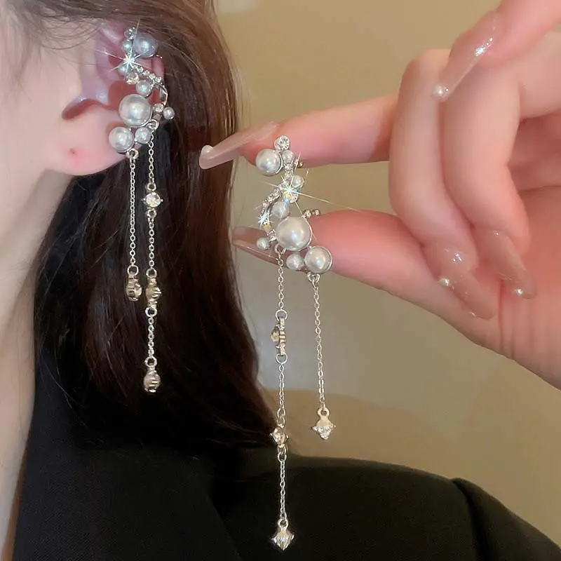 1 Pair Sliver Color Pearl Tassel Ear Clips for Women Fashion Liquid Metal Wing No Piercing Long Chain Ear Cuff Jewelry 2025 New