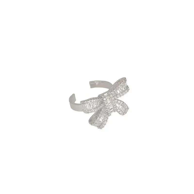2025 New Fashion Silver Color Zircon Bowknot Open Ring For Women Luxury Shiny Full Rhinestone Adjustable Ring Wedding Jewelry