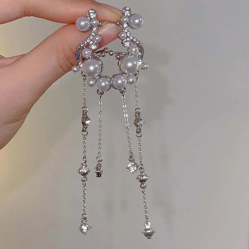 1 Pair Sliver Color Pearl Tassel Ear Clips for Women Fashion Liquid Metal Wing No Piercing Long Chain Ear Cuff Jewelry 2025 New