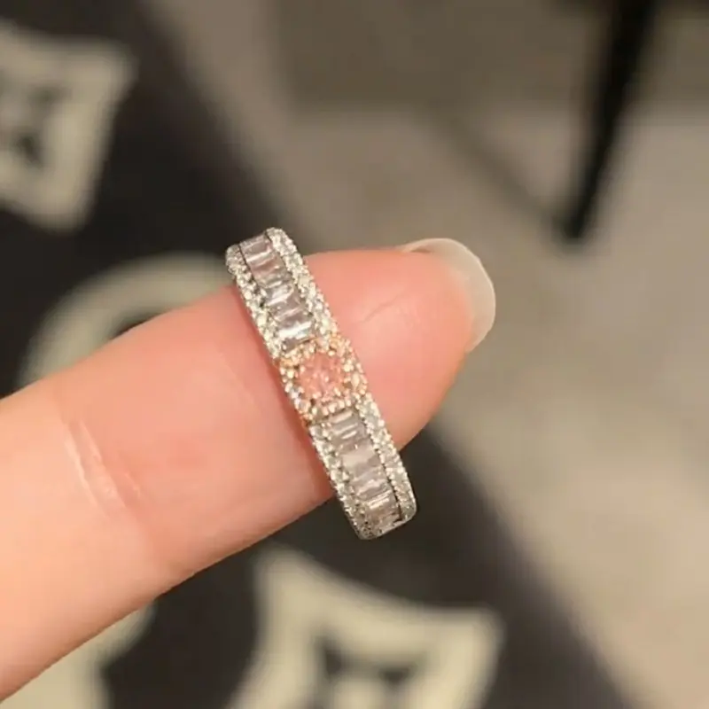 2025 New Fashion Pink Crystal Zircon Love Heart Open Ring for Women Shiny Rhinestone Adjustable Finger Rings Y2K Jewelry Gifts