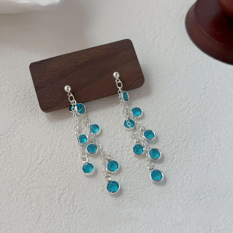 2025 New Blue Zircon Irregular Tassel Pendant Earrings for Women Temperament Long Round Bead Drop Earrings Fashion Party Jewelry