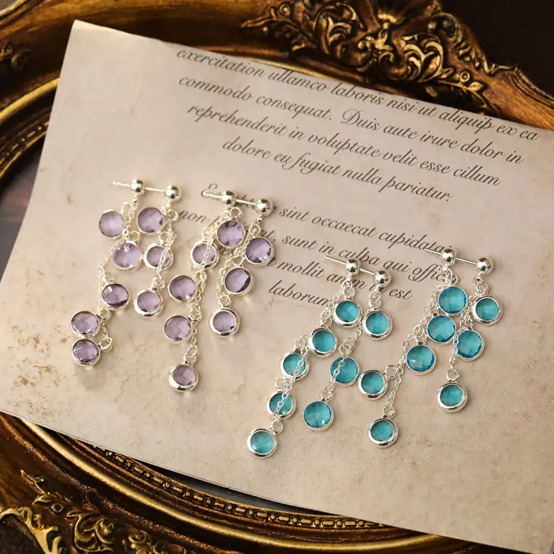 2025 New Blue Zircon Irregular Tassel Pendant Earrings for Women Temperament Long Round Bead Drop Earrings Fashion Party Jewelry