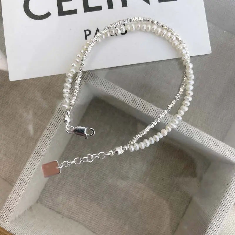 Korean Silver Color Double Layer Pearl Bracelet for Women Girl Simple Elegant Irregular Beaded Chain Bracelet Jewelry Gift
