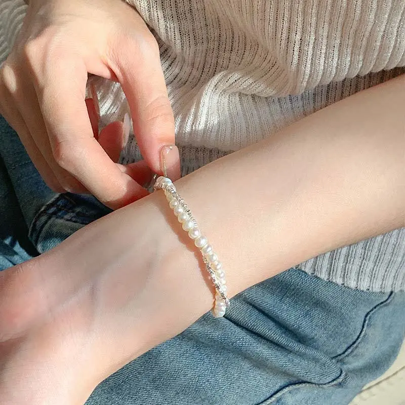 Korean Silver Color Double Layer Pearl Bracelet for Women Girl Simple Elegant Irregular Beaded Chain Bracelet Jewelry Gift