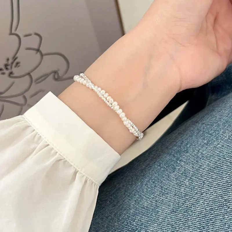Korean Silver Color Double Layer Pearl Bracelet for Women Girl Simple Elegant Irregular Beaded Chain Bracelet Jewelry Gift