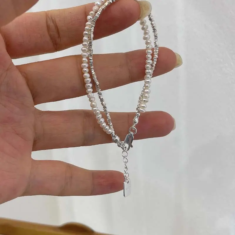 Korean Silver Color Double Layer Pearl Bracelet for Women Girl Simple Elegant Irregular Beaded Chain Bracelet Jewelry Gift