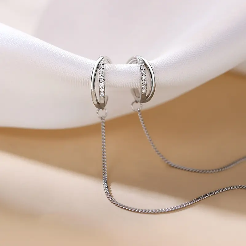 Korean Silver Color Cross Clip Earrings Chain Tassel Line for Women Two-Wear Fashion Geometric Creative Design Jewelry Gift