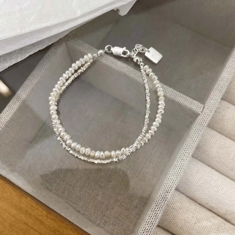 Korean Silver Color Double Layer Pearl Bracelet for Women Girl Simple Elegant Irregular Beaded Chain Bracelet Jewelry Gift
